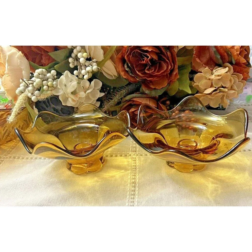 Pair Of Viking Glass Amber Candle Sticks Vintage